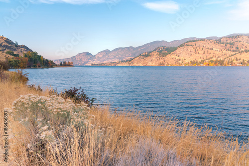 Evening view of Skaha Lake in autumn from the Kettle Valley Rail Trail near Okanagan Falls