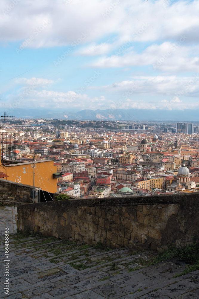 view of the city of Naples from the Old stairs in the city of Naples called Pedamantina, Unesco world heritage. .