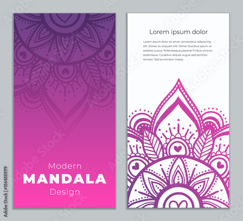 Abstract mandala banner design. Vector creative illustration with oriental boho elements. Violet color theme flyers template.