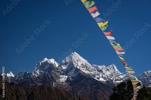 Kangtega and Thamserku behind prayer flag, Everest region, Nepal