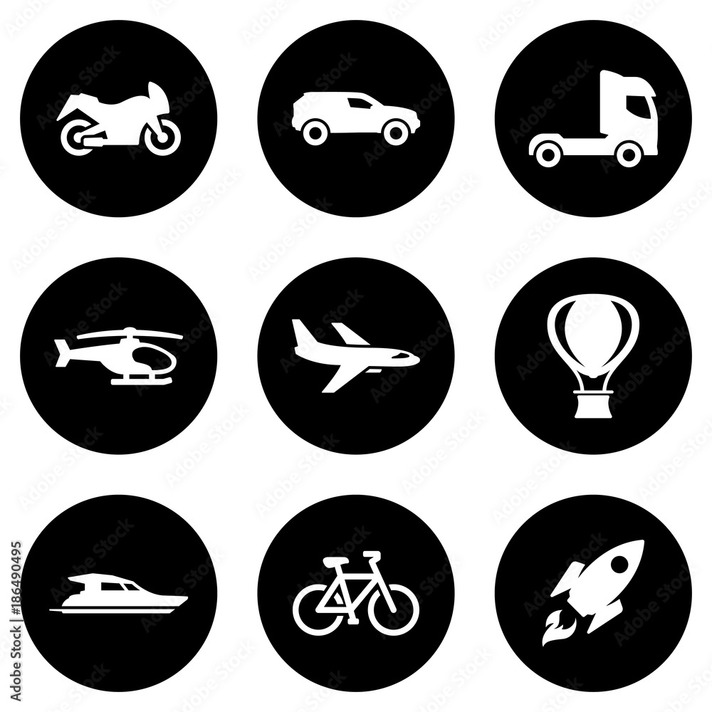 Set of white icons isolated against a black background, on a theme Transport