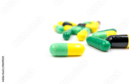 Closeup Colorful  Pills and capsules drug on white  background.