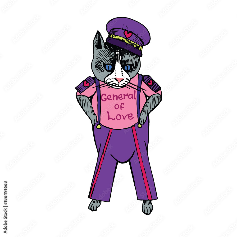Cartoon character of funky cat in soviet military form with inscription  