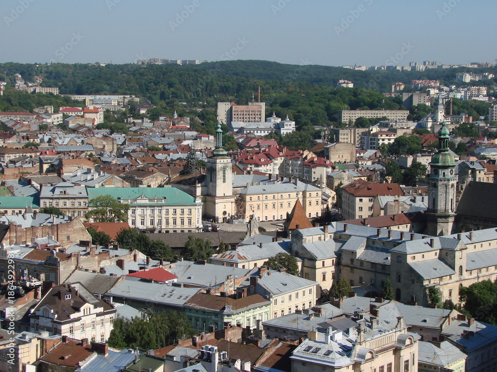 A panorama of the city of Lviv in western Ukraine from the roof of the city of Lviv city hall.