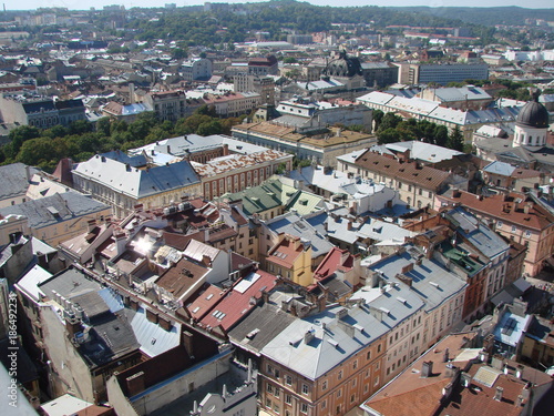 A panorama of the city of Lviv in western Ukraine from the roof of the city of Lviv city hall.