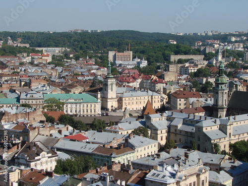 A panorama of the city of Lviv in western Ukraine from the roof of the city of Lviv city hall. © Hennadii