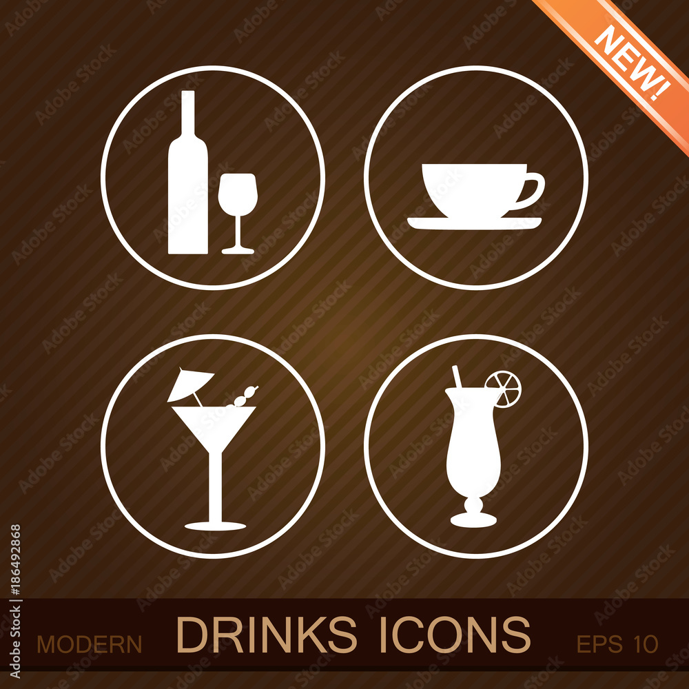 Set of 4 different beverage vector icons. White illustration on dark background. Set of 4 different beverage vector icons. White illustration on dark background.
