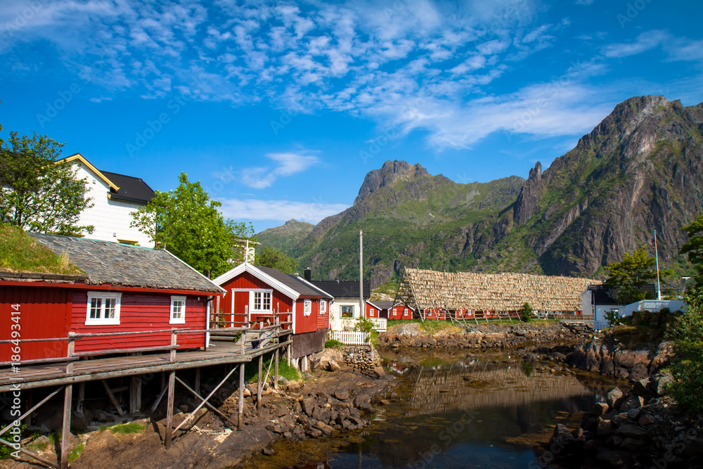 Typical red rorbu fishing hut in town of Svolvaer Typical red rorbu fishing hut in town of Svolvaer