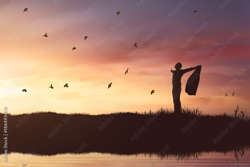 Silhouette of businessman enjoying sun shining with flying birds