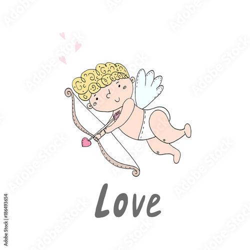 Hand drawn cupid with bow and arrow. Doodle cute cupid. Vector illustration. photo