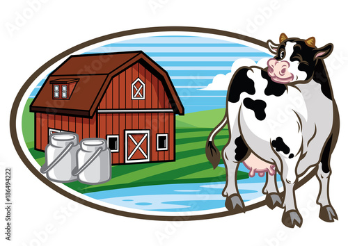 Cow and the farm land at the background