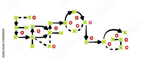 Success strategy concept vector with green and red marks on white tactic board