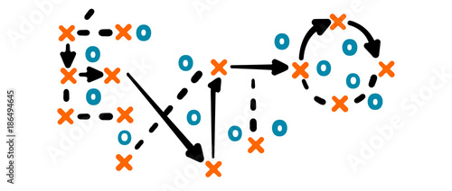 Success strategy concept vector with orange and blue marks on white tactic board