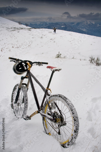 Snow-covered cycling route to Monte Coronato in the province of Lucca, Tuscany