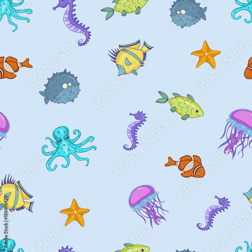Seamless vector pattern with marine inhabitants: octopus, fish, jellyfish.
