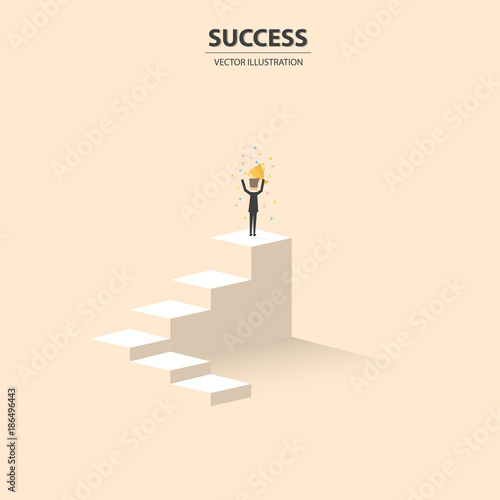 Businessman stands on the top of stairs, business concept of leadership, talent, outstanding, creative and power to lead the team become successful.