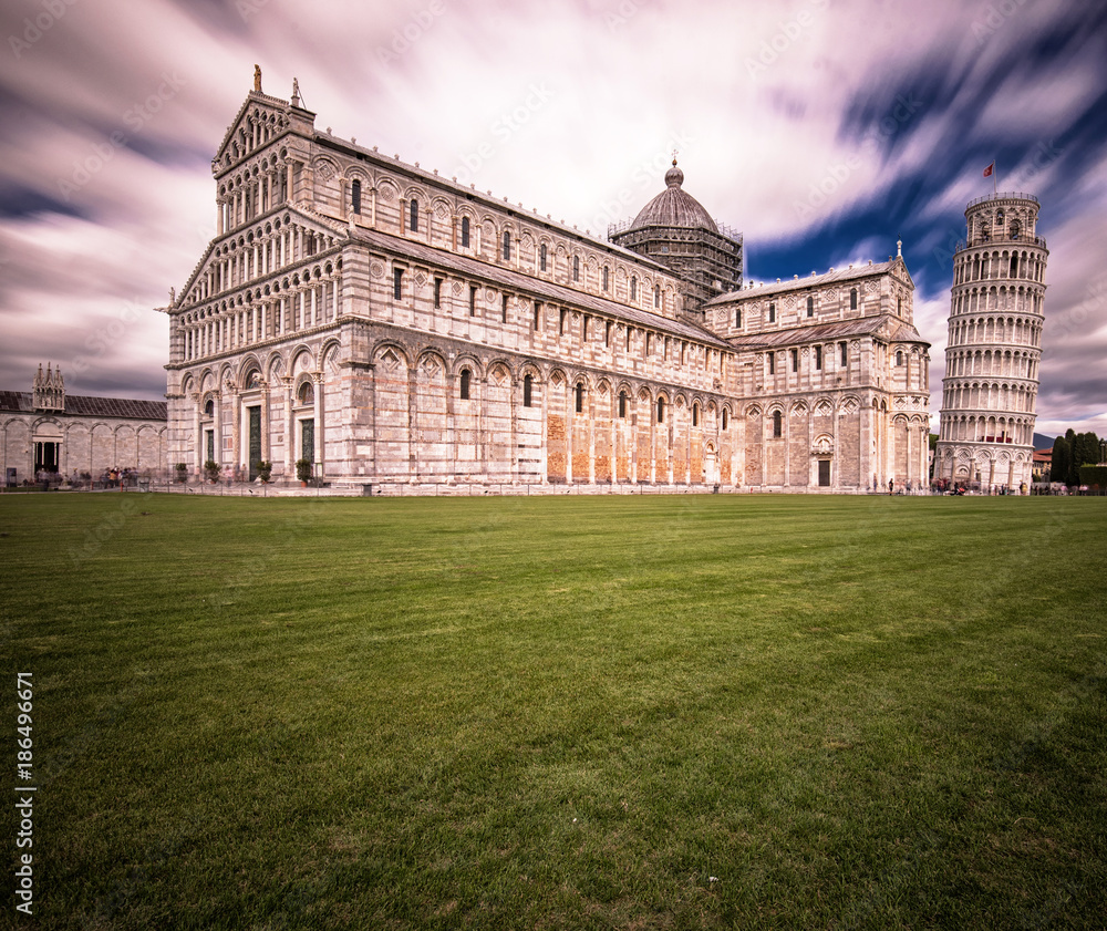 Pisa Cathedral with the Leaning Tower of Pisa on Piazza dei Miracoli in Pisa, Tuscany, Italy