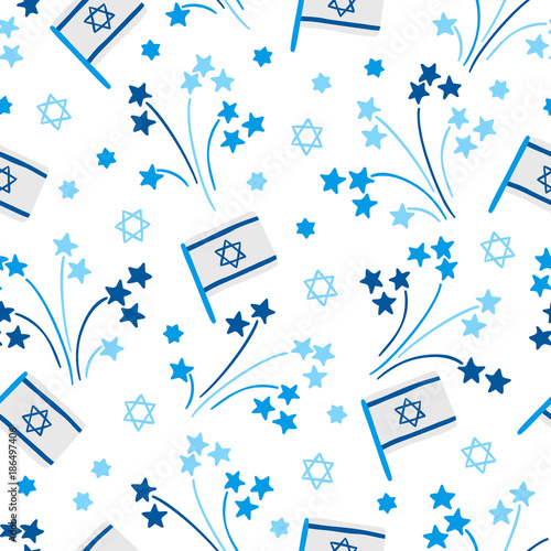 Independence Day seamless pattern with firework, Israel flags, Jewish star