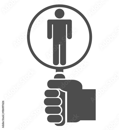 Hand holding magnifying glass over a stick man figure. Full body check icon concept