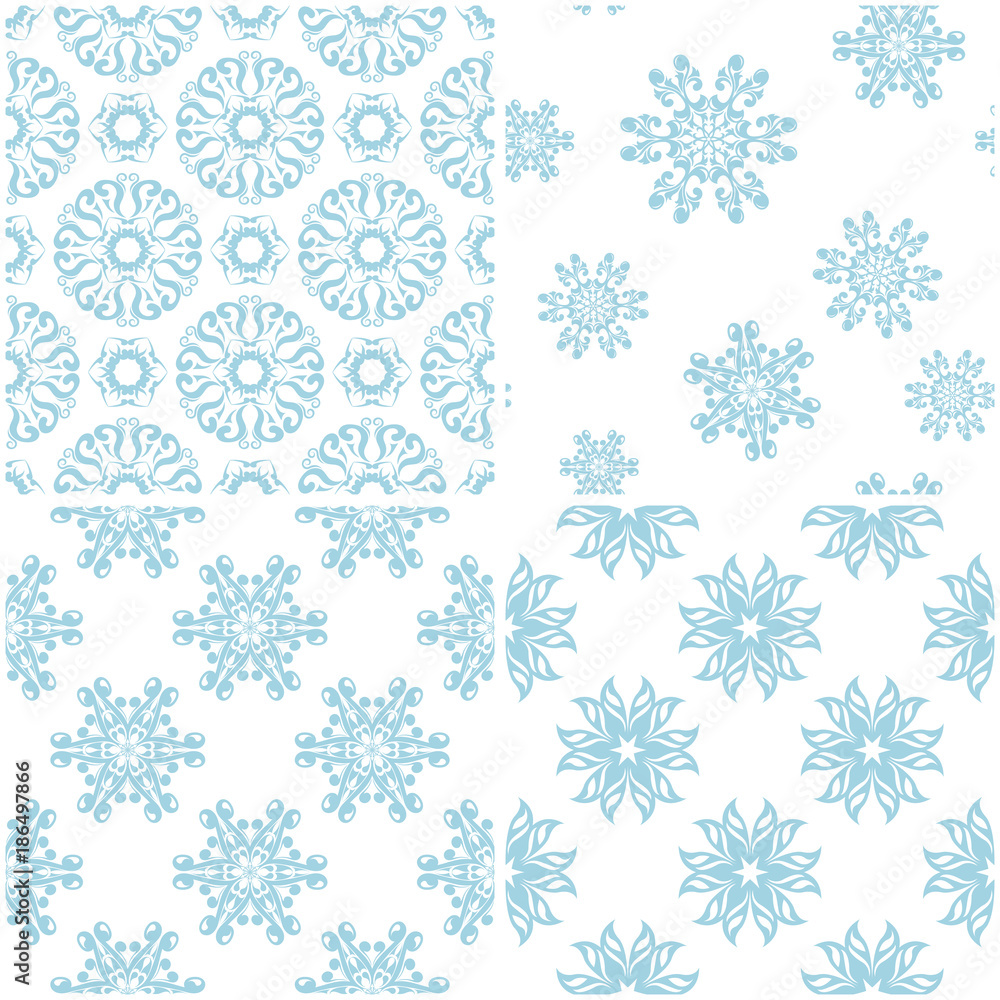 Floral patterns. Set of light blue elements on white. Seamless backgrounds Floral patterns. Set of light blue elements on white. Seamless backgrounds