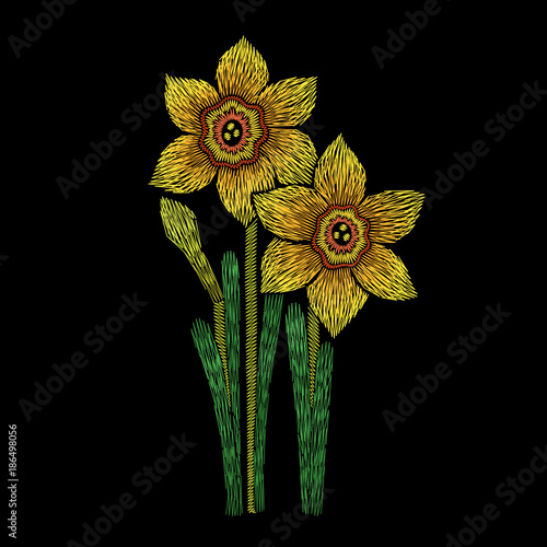 Fototapeta Naklejka Na Ścianę i Meble -  Embroidery floral pattern with narcissus