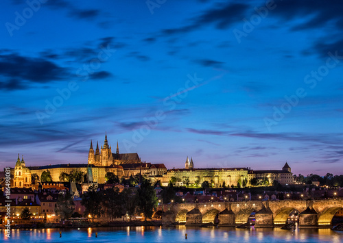 View on the Charles Bridge and Castle in Prague at night