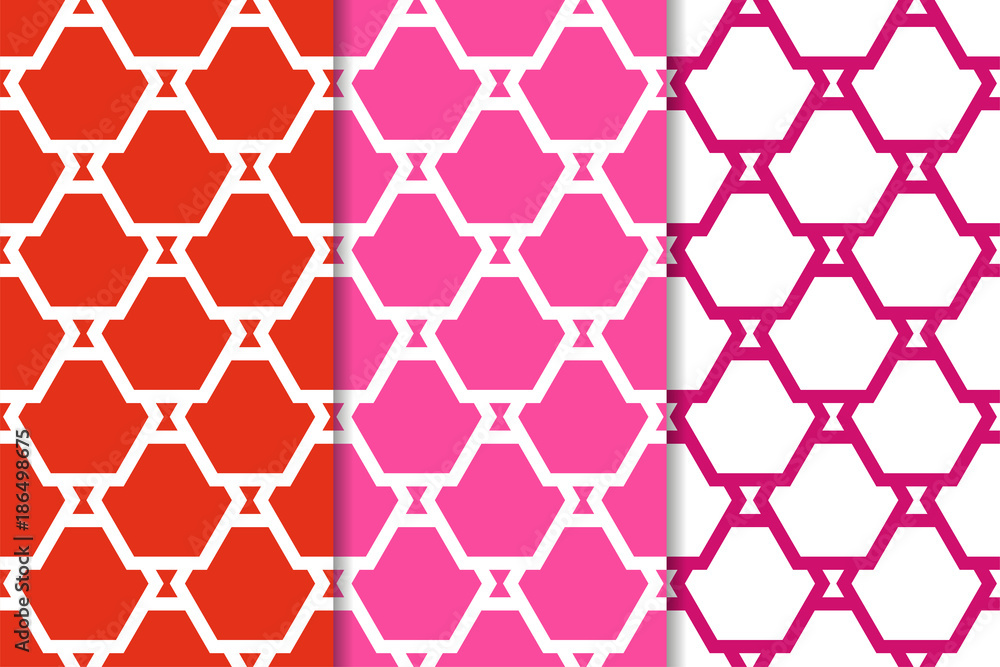 Geometric ornamental patterns. Set of red seamless backgrounds Geometric ornamental patterns. Set of red seamless backgrounds