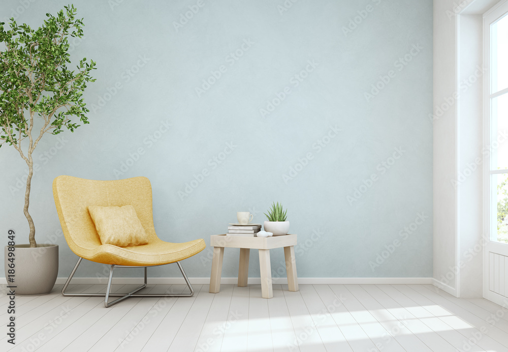 Indoor plant and coffee table on wooden floor with empty blue concrete wall  background, Yellow chair near door in bright living room of modern  scandinavian house - Home interior 3d illustration Stock