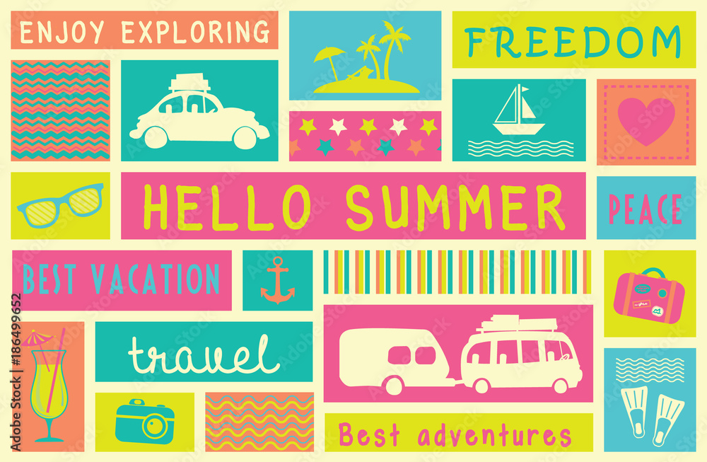 Hello summer poster. Lovely summer card with icons, patterns and text. Vector illustration.