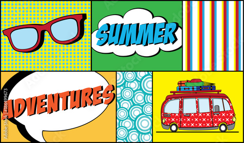 Summer time concept. colorful summer items and text. Vector illustration.