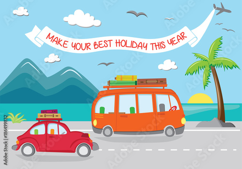 Colorful summer poster. Hippie and car on the road, traveling to seaside. Vector illustration.