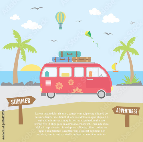 Summer time concept. Red mini van on the road, next to sea coast. Vector illustration.