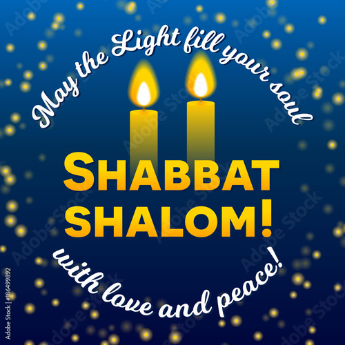 Shabbat shalom lettering, greeting card, vector illustration. Two burning shabbat candles and bokeh starry night sky background. Jewish religious Sabbath congratulations in Hebrew.