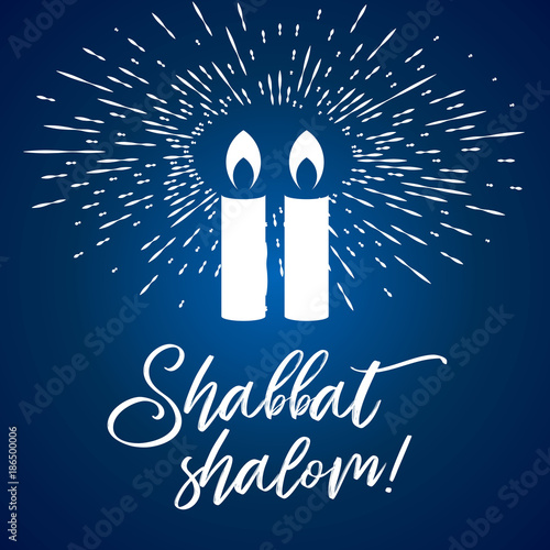 Shabbat shalom lettering, greeting card, vector illustration. Two burning shabbat candles and simple light rays background. Jewish religious Sabbath congratulations in Hebrew. Minimal style.
