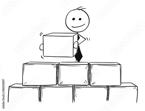 Cartoon of Business Man Building From Bricks or Blocks