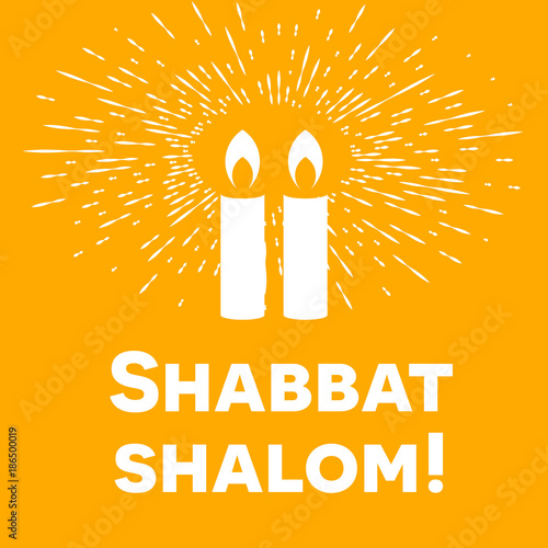 Shabbat shalom lettering, greeting card, vector illustration. Two burning shabbat candles and bokeh orange rays of light background. Jewish religious Sabbath congratulations in Hebrew.