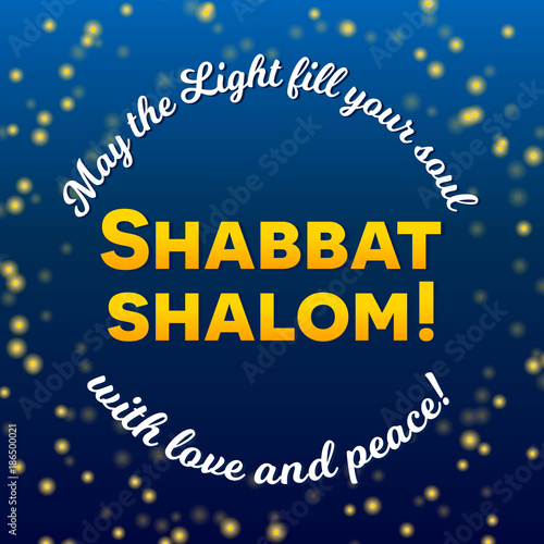 Shabbat shalom lettering, greeting card, vector illustration. Two burning shabbat candles and bokeh starry night sky background. Jewish religious Sabbath congratulations in Hebrew.