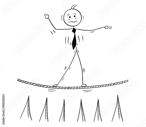 Cartoon of Business Man Walking on Tightrope Rope