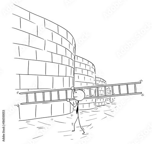 Cartoon of Business Man Carrying Ladder to Climb Wall