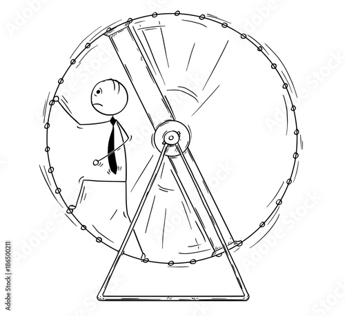 Conceptual Cartoon of Business Man running in Squirrel Wheel