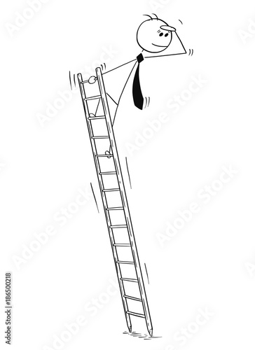 Conceptual Cartoon of Business Man on Ladder Looking Forward