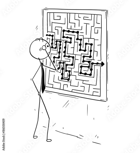 Cartoon of Businessman Looking at Maze on Wall Board