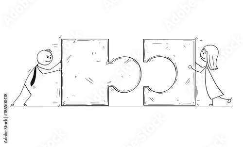 Conceptual Cartoon of Business Puzzle Partnership or Teamwork