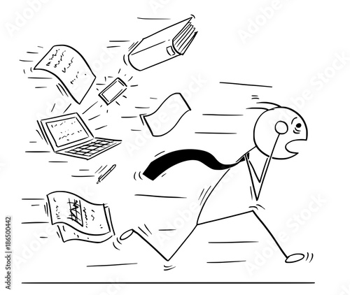 Conceptual Cartoon of Businessman Running Away Chased by Work