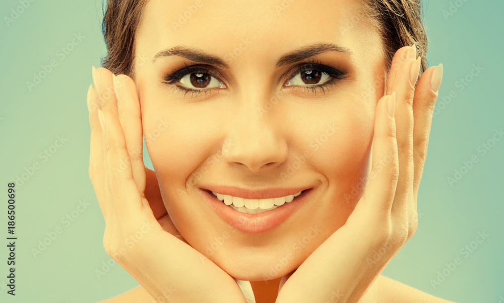 Portrait of beautiful woman, on blue Portrait of beautiful woman, on blue