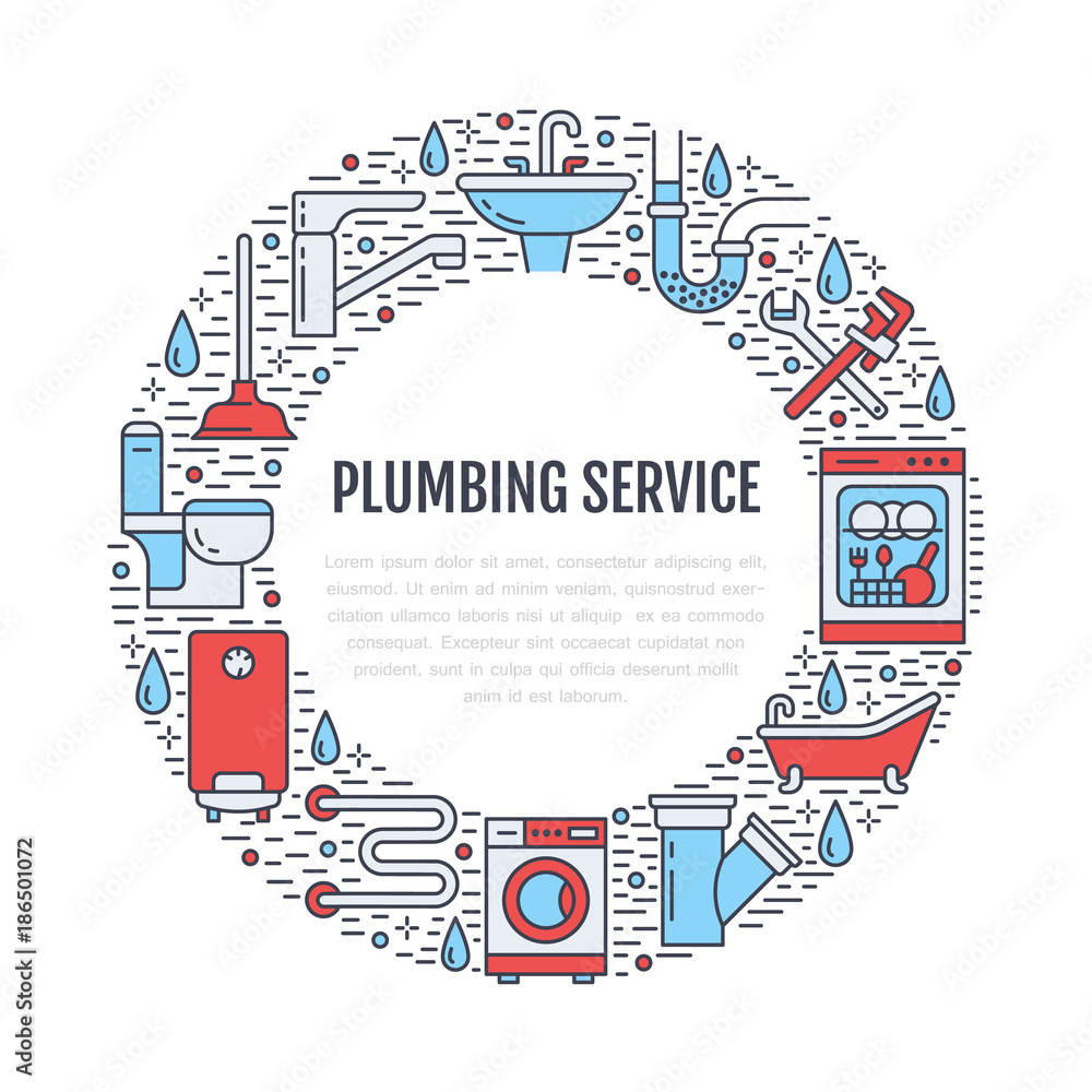 Plumbing service colored banner illustration. Vector line icon of house bathroom equipment, faucet, toilet, pipeline, washing machine, water boiler. Plumber repair circle template with place for text.