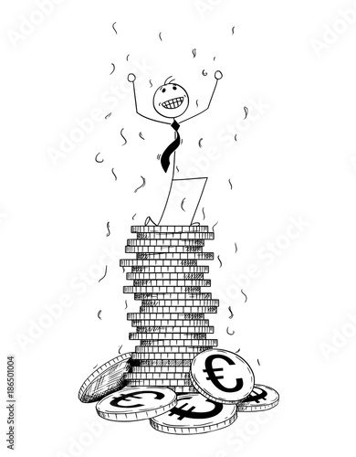 Conceptual Cartoon of Businessman Enjoying on Top of Pile of Euro Coins