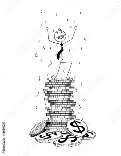 Conceptual Cartoon of Businessman Enjoying on Top of Pile of Dollar Coins