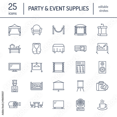 Event supplies flat line icons. Party equipment - stage constructions, visual projector, stanchion, flipchart, marquee. Thin linear signs for catering, commercial rental service.