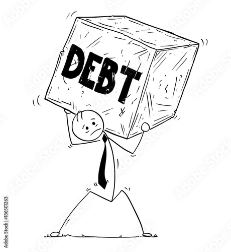 Conceptual Cartoon of Businessman Carrying Big Debt Block of Rock or Stone